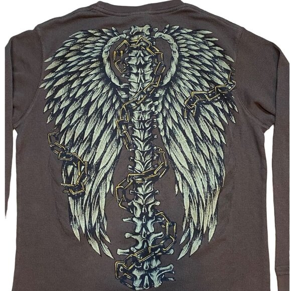 Y2K MMA Thermal Waffle Knit  Long Sleeve Shirt Skeleton Wings Goth Affliction St - Picture 5 of 7